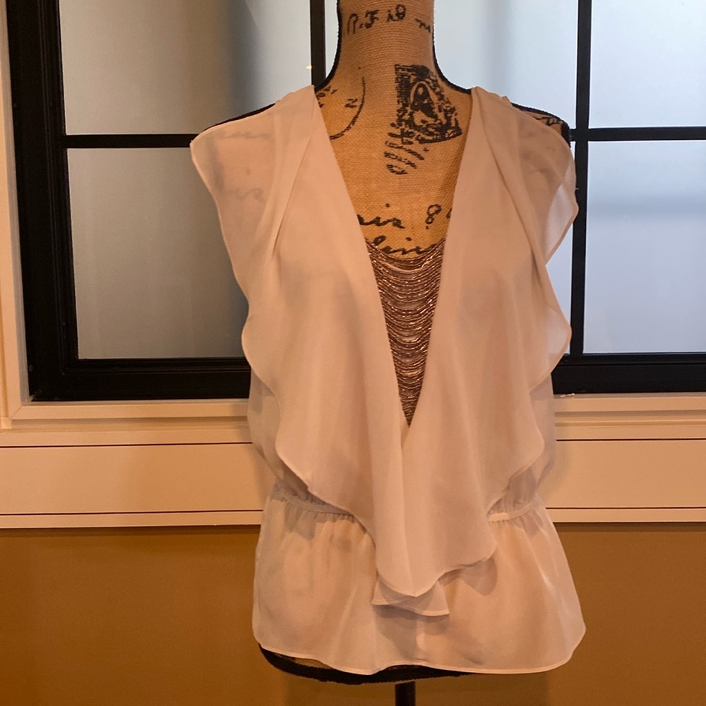 BEBE Cream Frill & Bead Draped Short-Sleeve Blouse. Sz Small. EUC